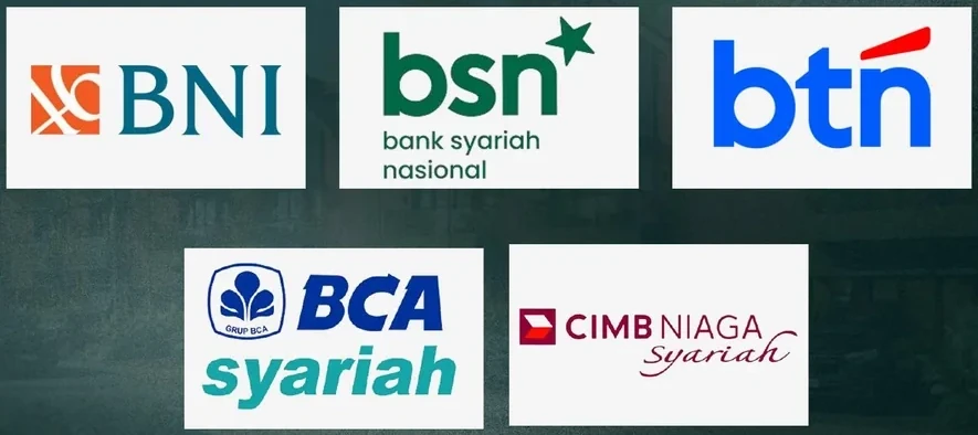 Logo bank mitra pembiayaan BNI, BSN, BTN, BCA Syariah, dan CIMB Niaga Syariah