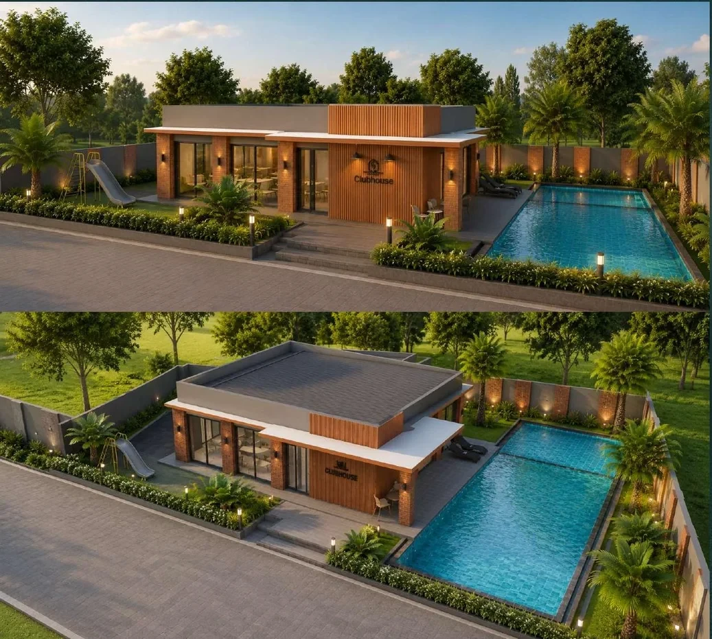 Ilustrasi clubhouse dan kolam renang Suavis Residence